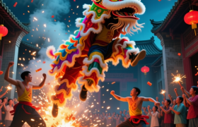 广宁“炸狮”，追着“狮子”放鞭炮