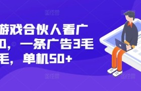 快手游戏合伙人看广告3.0，一条广告3毛到五毛，单机50+
