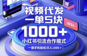 视频代发，一单5块，小红书引流合作模式，一部手机轻松日入多张