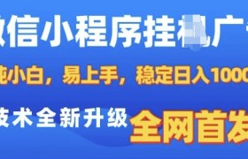 微信小程序全自动挂JI广告，纯小白易上手，稳定日入多张，技术全新升级，全网首发
