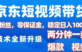 京东短视频带货，2025火爆项目，0粉丝，0保证金，操作简单，2分钟一条原创视频，日入1k