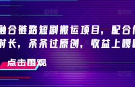 抖音融合链路短剧搬运项目，配合侠客爆改时长，条条过原创，收益嘎嘎猛