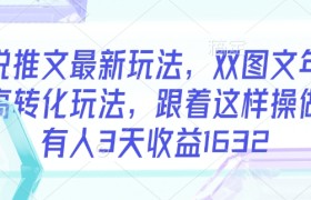 小说推文最新玩法，双图文年轻粉高转化玩法，跟着这样操做，有人3天收益1632