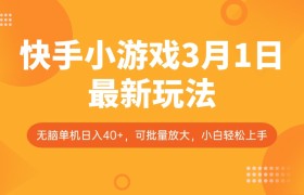 快手小游戏3月1日最新玩法，新风口，无脑单机日入40+，可批量放大，小白轻松上手