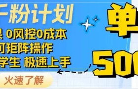 抖音千粉计划，日入500+，包落地，当日拿成果