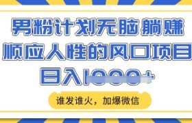 男粉计划无脑躺Z，顺应人性的风口项目，谁发谁火，加爆微信，日入多张【揭秘】