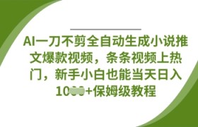 AI一刀不剪全自动生成小说推文爆款视频，条条视频上热门，新手小白也能当天日入数张