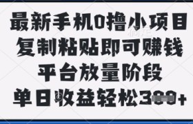 最新手机0撸小项目，复制粘贴即可挣钱，平台放量阶段，单日收益轻松3张+【揭秘】