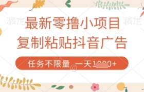 最新零撸小项目，复制粘贴抖音广告即可挣钱，平台大水，任务不限量，一天数张【揭秘】