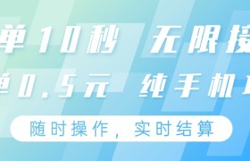纯手机操作项目，每单耗时10秒，无限接单，单笔收益0.5元，支持24小时随时操做