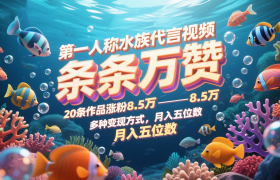 第一人称水族代言视频，条条万赞，20条作品涨粉8.5万，多种变现方式月，入五位数