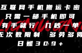 互联网手机搬运卡密，只需一部手机即可，有手就行，几秒一单，无次数限制，多劳多得，日入3张【揭秘】