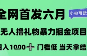 全网首发六月，无人撸礼物暴力掘金项目，日入1K+门槛低，当天拿结果，小白可玩【揭秘】